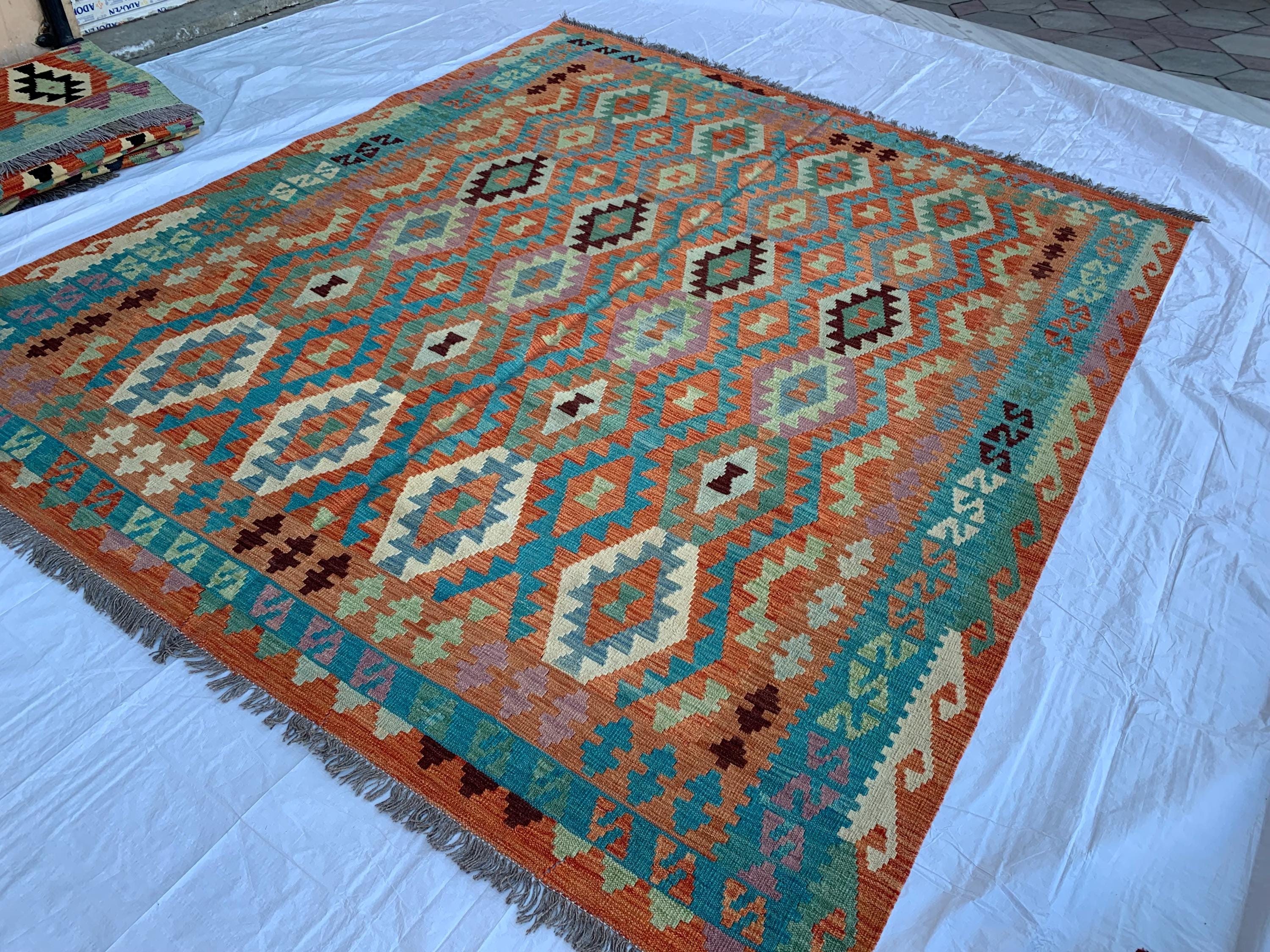 8x10 Handwoven Afghan Orange and Green Kilim Rug - Geometric Wool Flatweave Carpet, Perfect for Living Room or Bedroom Decor, 9.10x8.5 ft