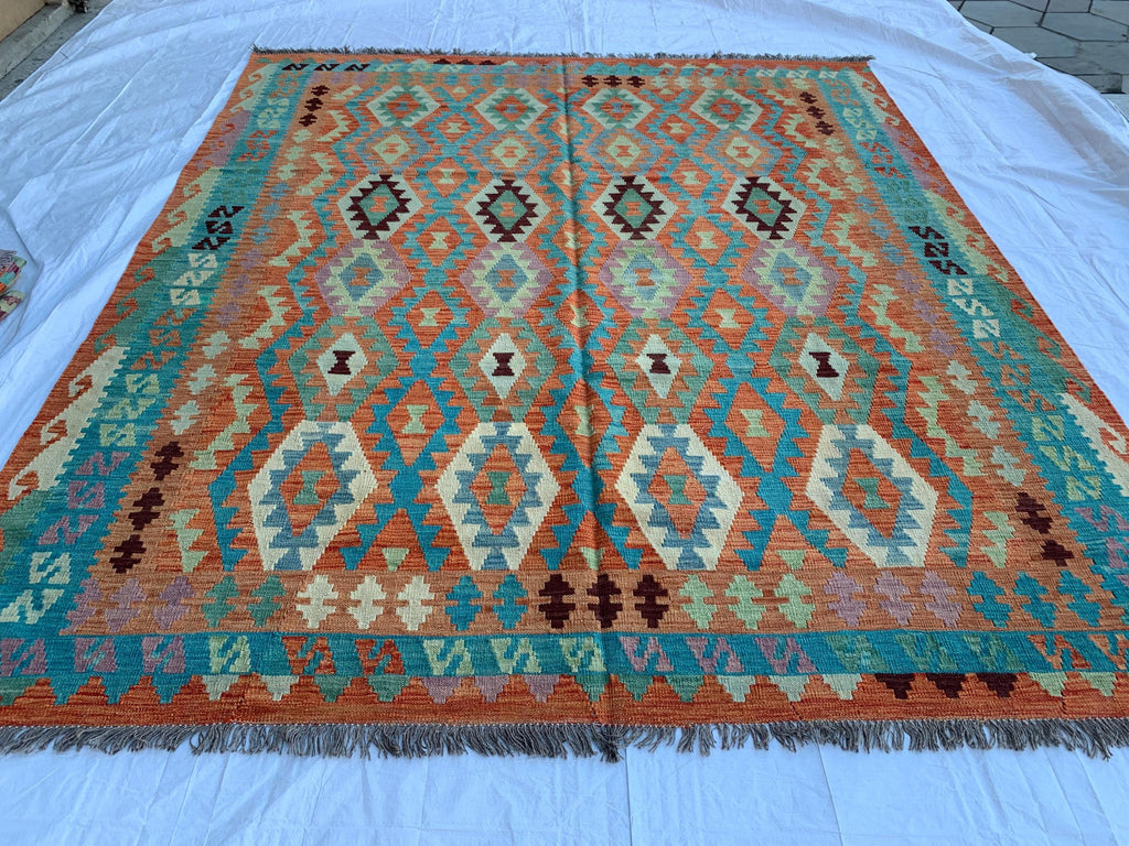 8x10 Handwoven Afghan Orange and Green Kilim Rug - Geometric Wool Flatweave Carpet, Perfect for Living Room or Bedroom Decor, 9.10x8.5 ft