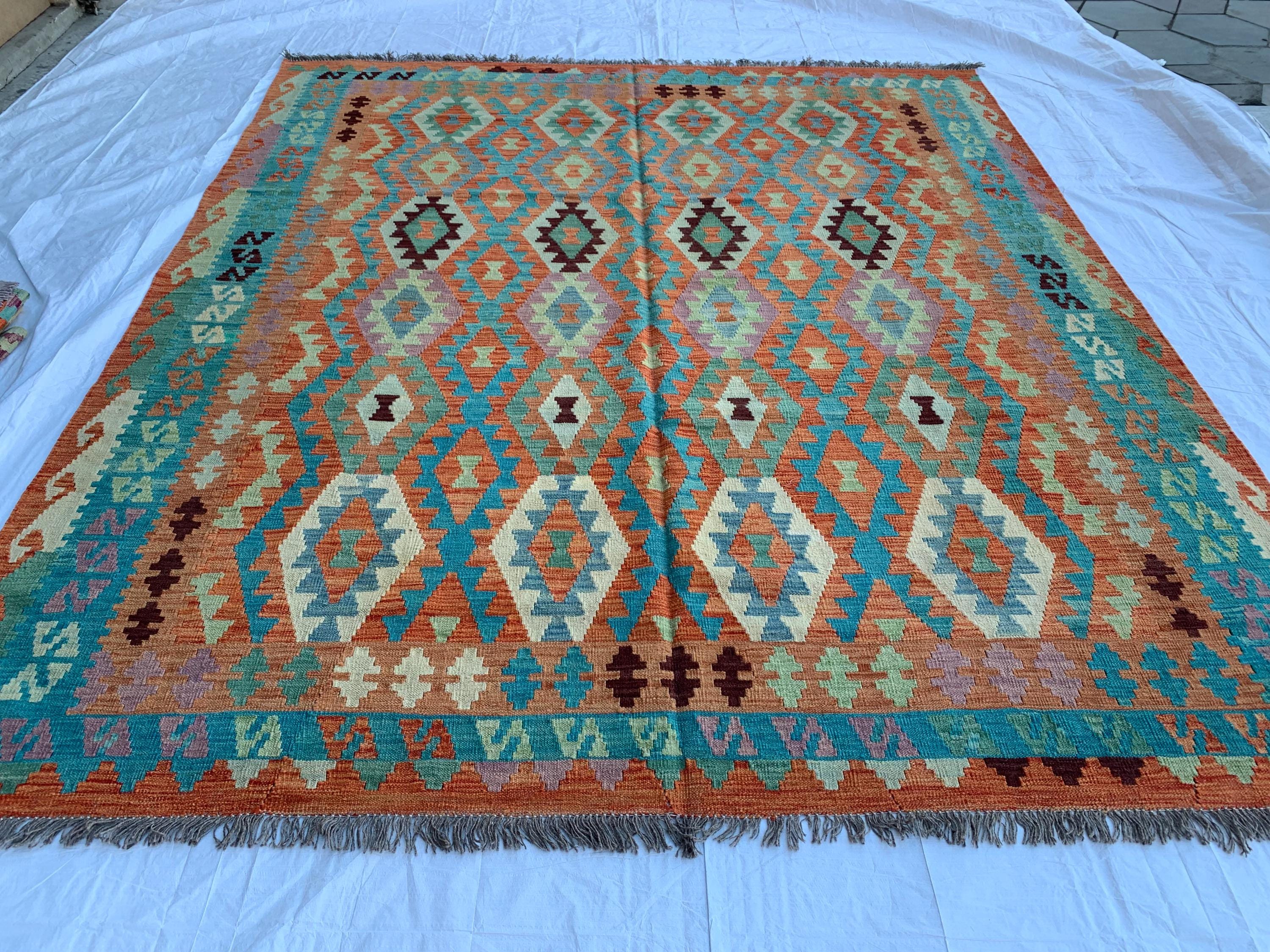 8x10 Handwoven Afghan Orange and Green Kilim Rug - Geometric Wool Flatweave Carpet, Perfect for Living Room or Bedroom Decor, 9.10x8.5 ft