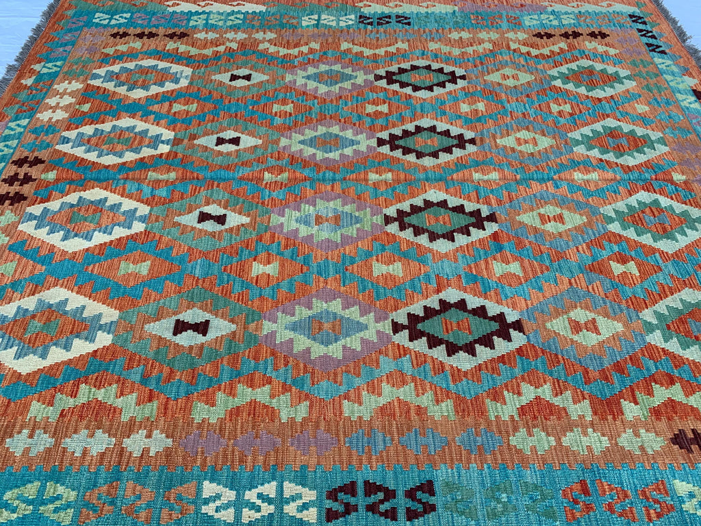 8x10 Handwoven Afghan Orange and Green Kilim Rug - Geometric Wool Flatweave Carpet, Perfect for Living Room or Bedroom Decor, 9.10x8.5 ft