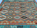 8x10 Handwoven Afghan Orange and Green Kilim Rug - Geometric Wool Flatweave Carpet, Perfect for Living Room or Bedroom Decor, 9.10x8.5 ft