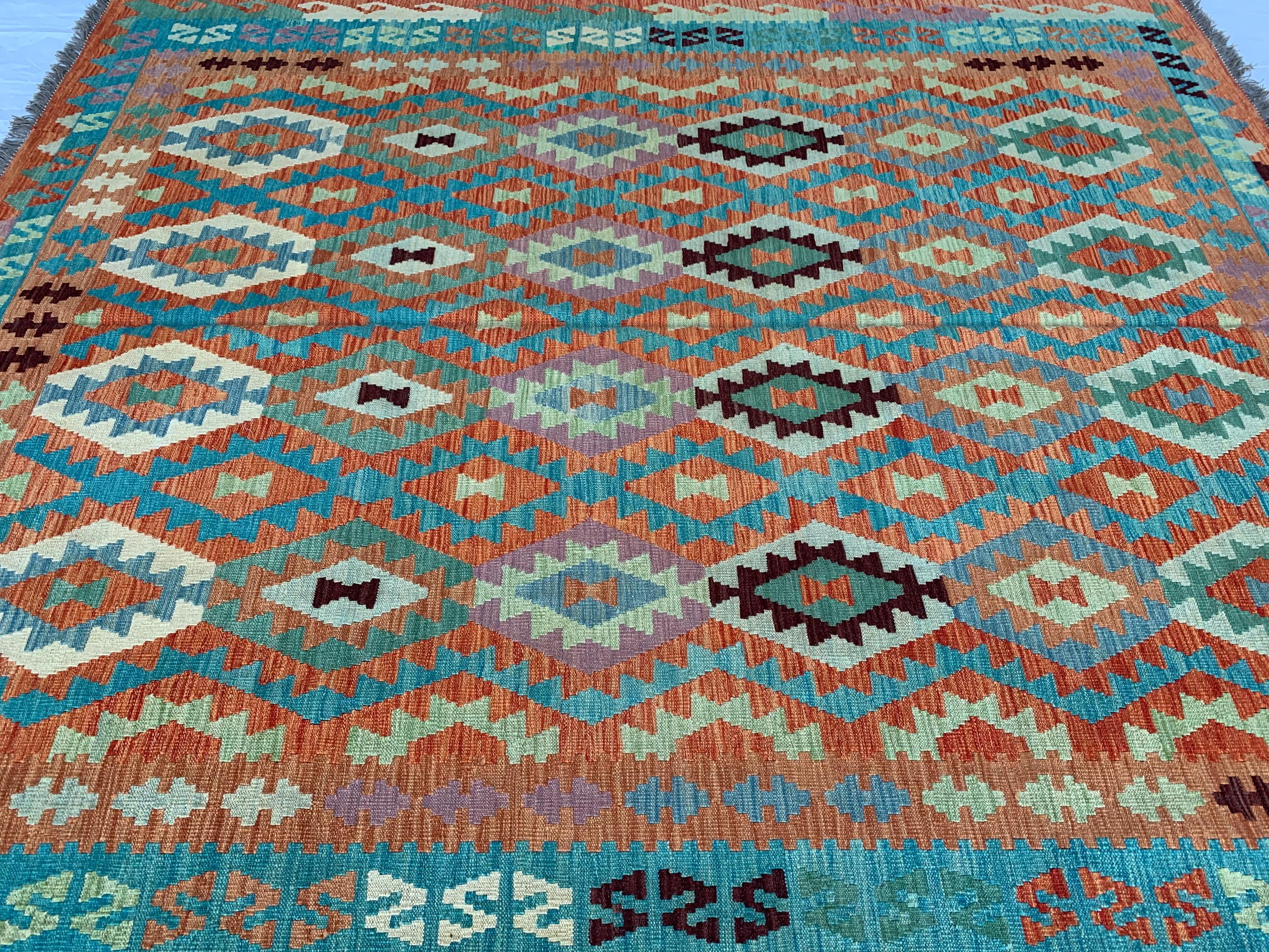 8x10 Handwoven Afghan Orange and Green Kilim Rug - Geometric Wool Flatweave Carpet, Perfect for Living Room or Bedroom Decor, 9.10x8.5 ft