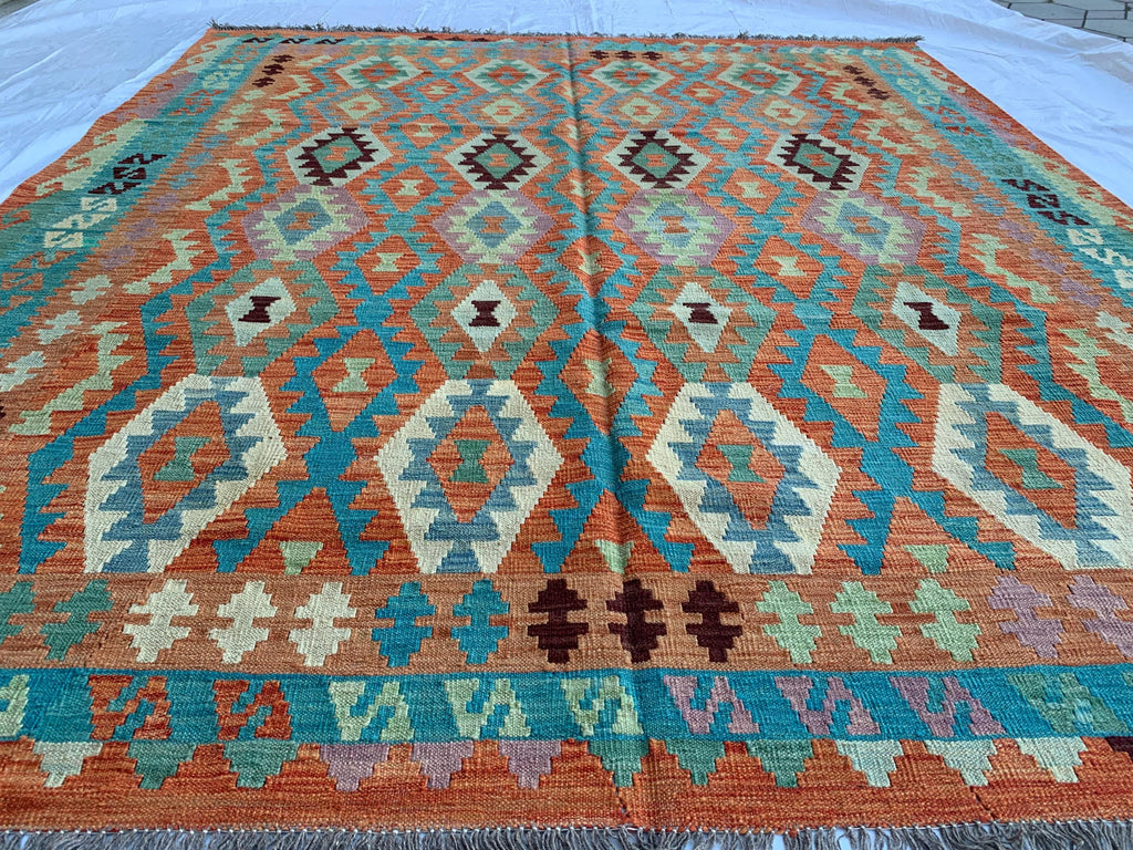 8x10 Handwoven Afghan Orange and Green Kilim Rug - Geometric Wool Flatweave Carpet, Perfect for Living Room or Bedroom Decor, 9.10x8.5 ft