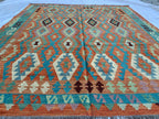 8x10 Handwoven Afghan Orange and Green Kilim Rug - Geometric Wool Flatweave Carpet, Perfect for Living Room or Bedroom Decor, 9.10x8.5 ft