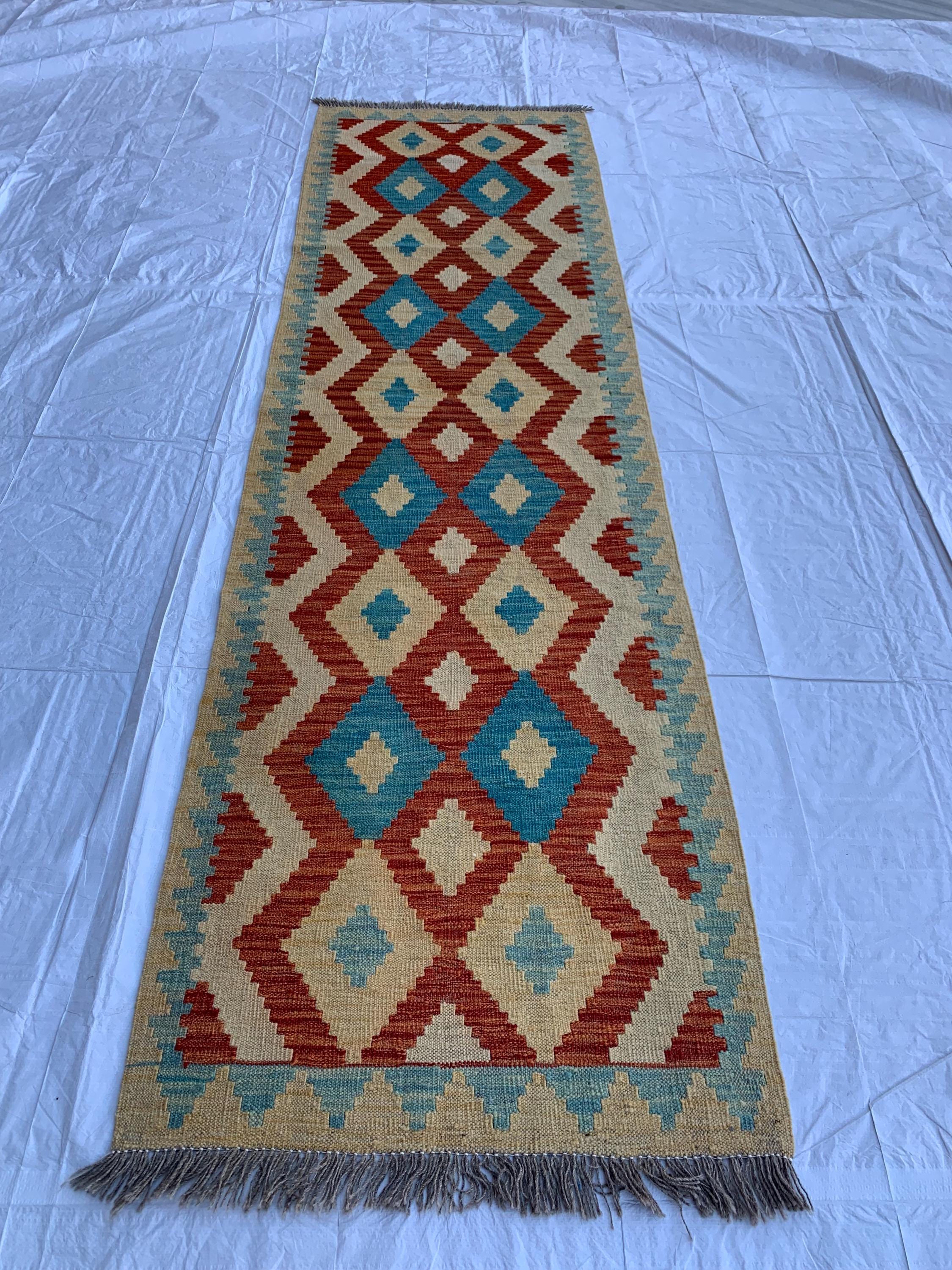 3x10 Handwoven Afghan Chobi Kilim Runner Multicolor Wool Rug with Geometric Tribal Design, Perfect for Hallway or Entryway Decor 9.6x2.10 ft