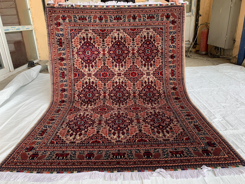 6.4x5 ft Handmade Afghan Tribal Rug – Vintage Wool Area Carpet, Red & Beige Geometric Bokhara Design, Perfect for living Room, Bedroom Rug