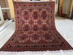 6.4x5 ft Handmade Afghan Tribal Rug – Vintage Wool Area Carpet, Red & Beige Geometric Bokhara Design, Perfect for living Room, Bedroom Rug
