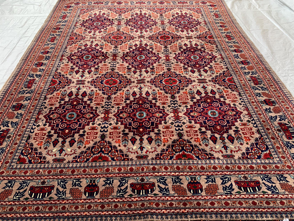 6.4x5 ft Handmade Afghan Tribal Rug – Vintage Wool Area Carpet, Red & Beige Geometric Bokhara Design, Perfect for living Room, Bedroom Rug