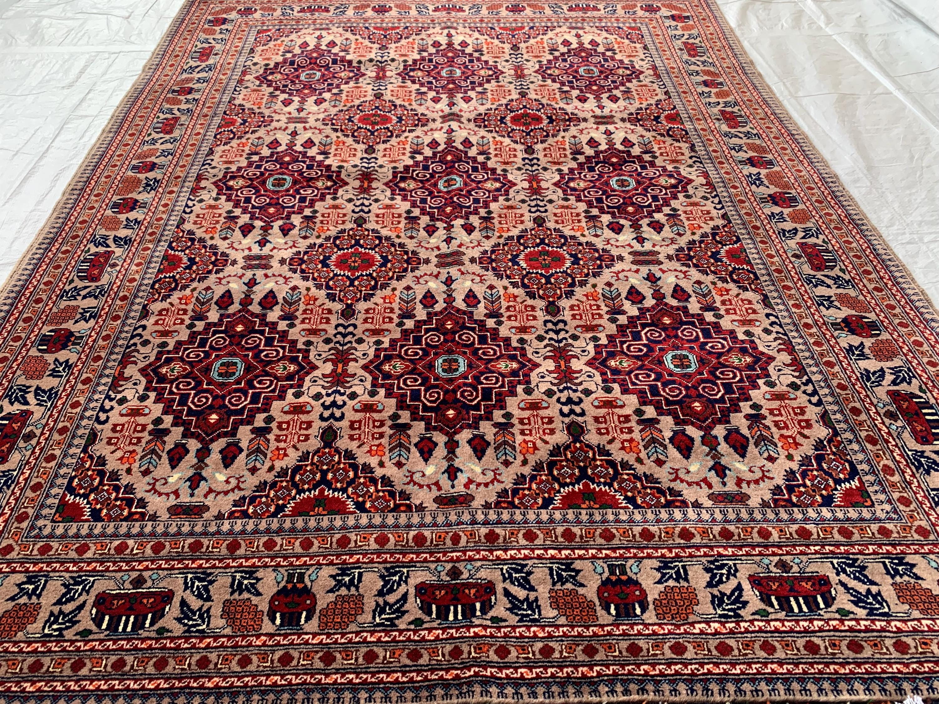 6.4x5 ft Handmade Afghan Tribal Rug – Vintage Wool Area Carpet, Red & Beige Geometric Bokhara Design, Perfect for living Room, Bedroom Rug