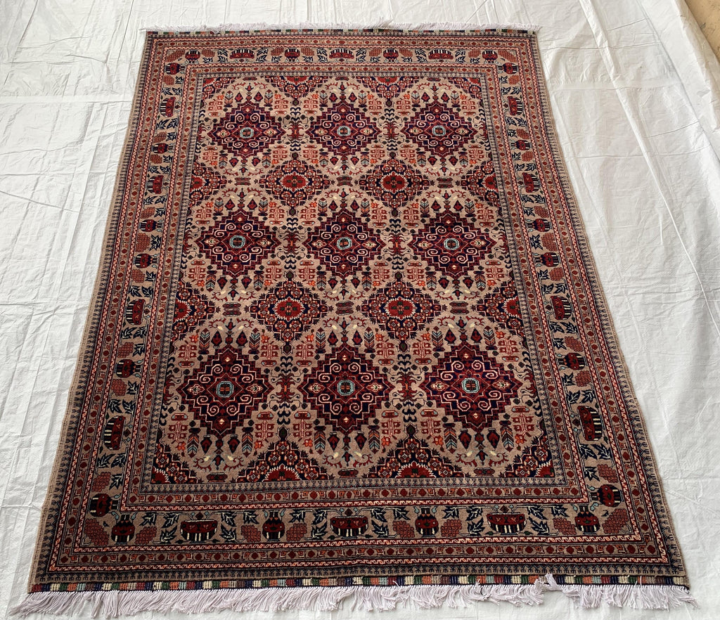 6.4x5 ft Handmade Afghan Tribal Rug – Vintage Wool Area Carpet, Red & Beige Geometric Bokhara Design, Perfect for living Room, Bedroom Rug