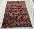 6.4x5 ft Handmade Afghan Tribal Rug – Vintage Wool Area Carpet, Red & Beige Geometric Bokhara Design, Perfect for living Room, Bedroom Rug