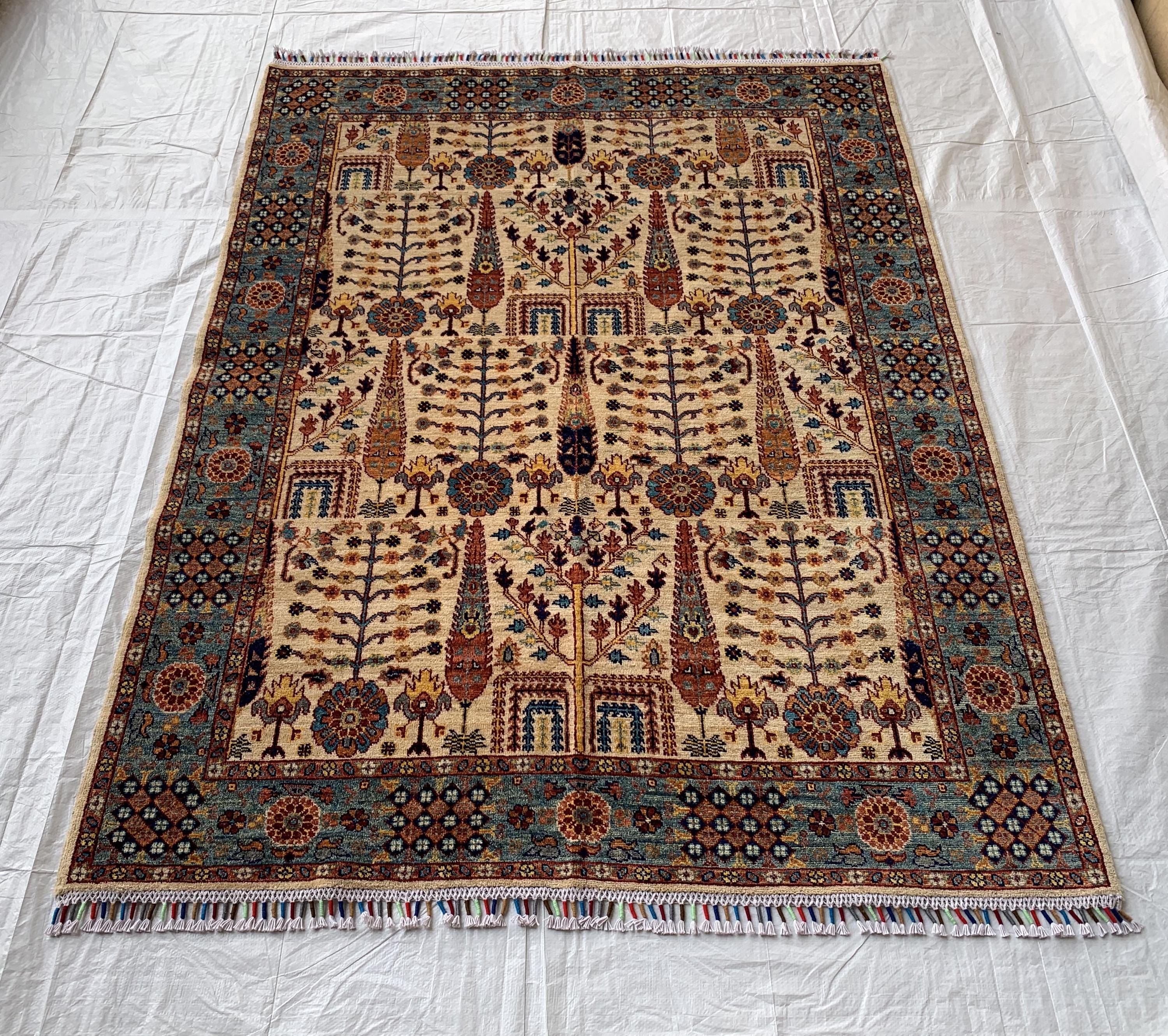 6.4x5 ft Handmade Afghan Tribal Rug, Wool Area Carpet, Blue & Beige Geometric Bokhara Design, Modern Chobi Rug, Rug for Living Room, Bedroom
