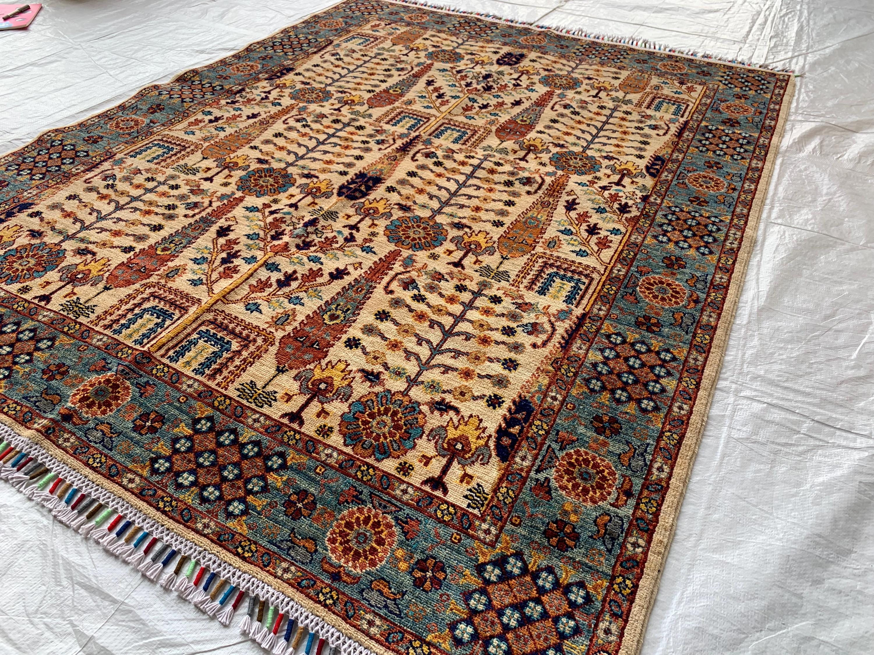 6.4x5 ft Handmade Afghan Tribal Rug, Wool Area Carpet, Blue & Beige Geometric Bokhara Design, Modern Chobi Rug, Rug for Living Room, Bedroom