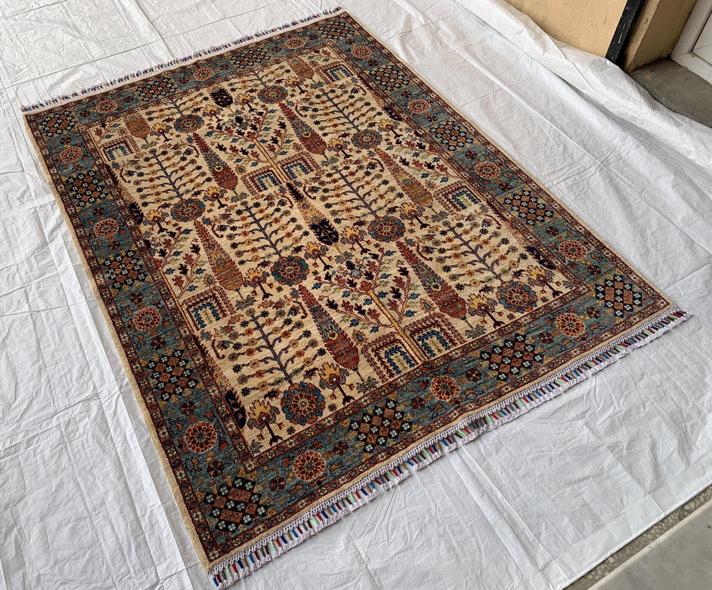 6.4x5 ft Handmade Afghan Tribal Rug, Wool Area Carpet, Blue & Beige Geometric Bokhara Design, Modern Chobi Rug, Rug for Living Room, Bedroom