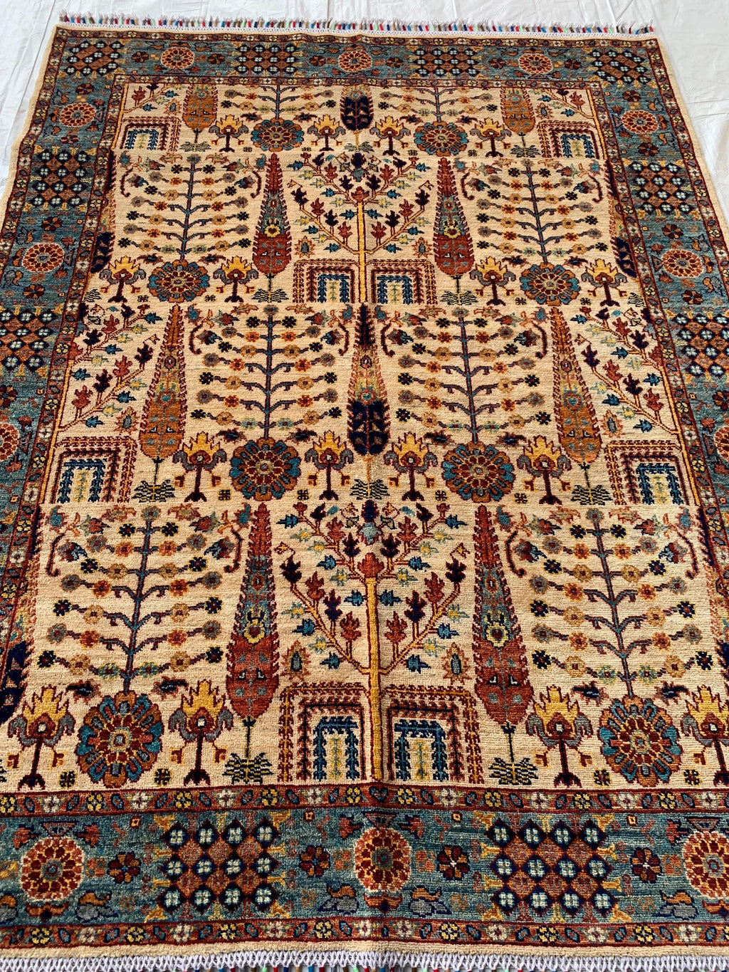 6.4x5 ft Handmade Afghan Tribal Rug, Wool Area Carpet, Blue & Beige Geometric Bokhara Design, Modern Chobi Rug, Rug for Living Room, Bedroom