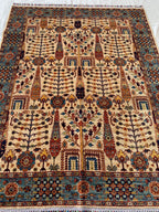 6.4x5 ft Handmade Afghan Tribal Rug, Wool Area Carpet, Blue & Beige Geometric Bokhara Design, Modern Chobi Rug, Rug for Living Room, Bedroom