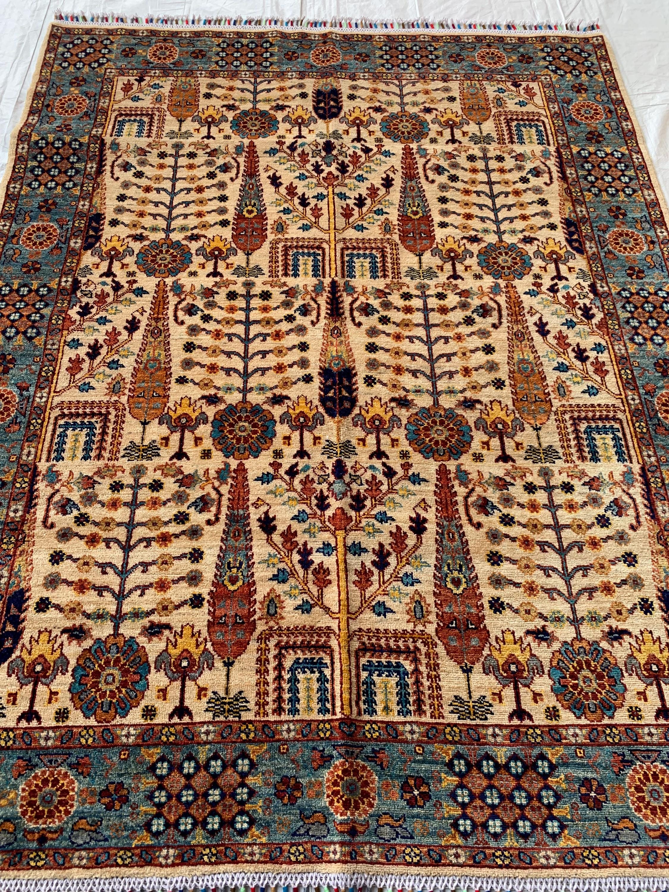 6.4x5 ft Handmade Afghan Tribal Rug, Wool Area Carpet, Blue & Beige Geometric Bokhara Design, Modern Chobi Rug, Rug for Living Room, Bedroom