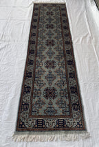 3x10 ft Handmade Afghan Bokhara Runner – Light Blue & Navy Wool Hallway Rug with Geometric Patterns, Entryway Rug, Stairs Rug, 10.5x2.8 ft