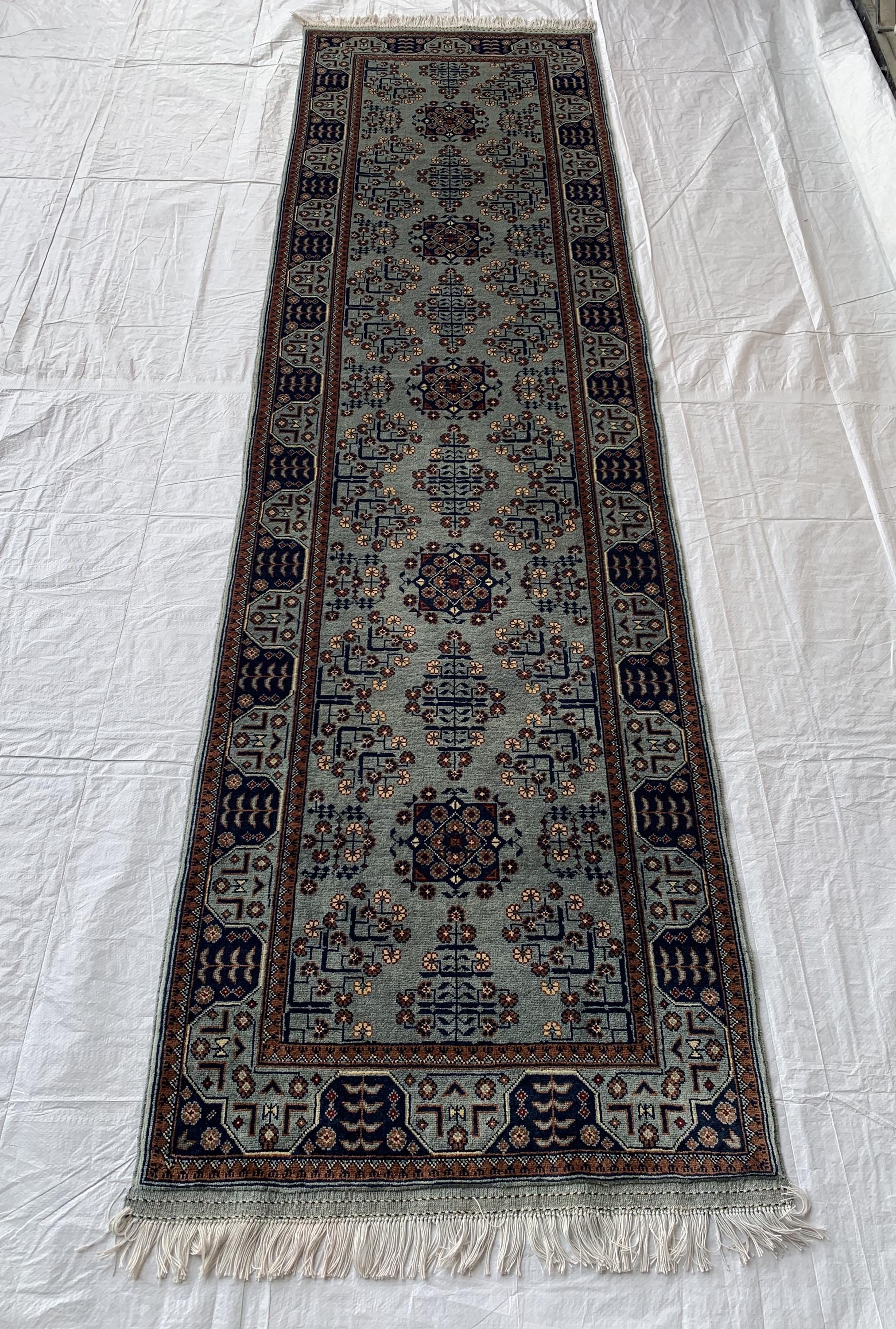 3x10 ft Handmade Afghan Bokhara Runner – Light Blue & Navy Wool Hallway Rug with Geometric Patterns, Entryway Rug, Stairs Rug, 10.5x2.8 ft
