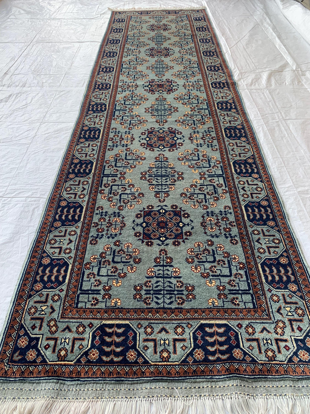 3x10 ft Handmade Afghan Bokhara Runner – Light Blue & Navy Wool Hallway Rug with Geometric Patterns, Entryway Rug, Stairs Rug, 10.5x2.8 ft
