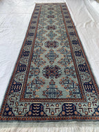 3x10 ft Handmade Afghan Bokhara Runner – Light Blue & Navy Wool Hallway Rug with Geometric Patterns, Entryway Rug, Stairs Rug, 10.5x2.8 ft