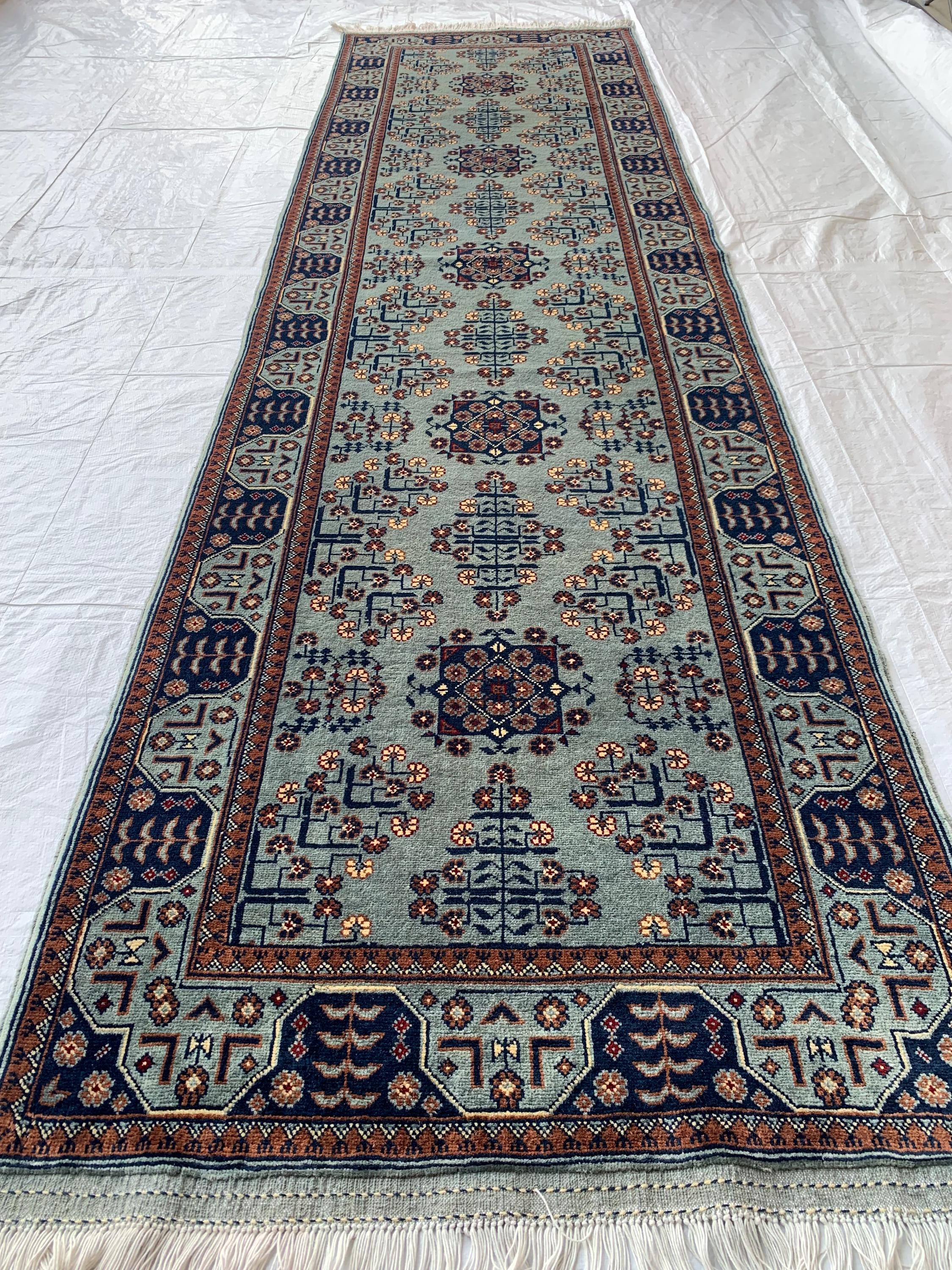3x10 ft Handmade Afghan Bokhara Runner – Light Blue & Navy Wool Hallway Rug with Geometric Patterns, Entryway Rug, Stairs Rug, 10.5x2.8 ft