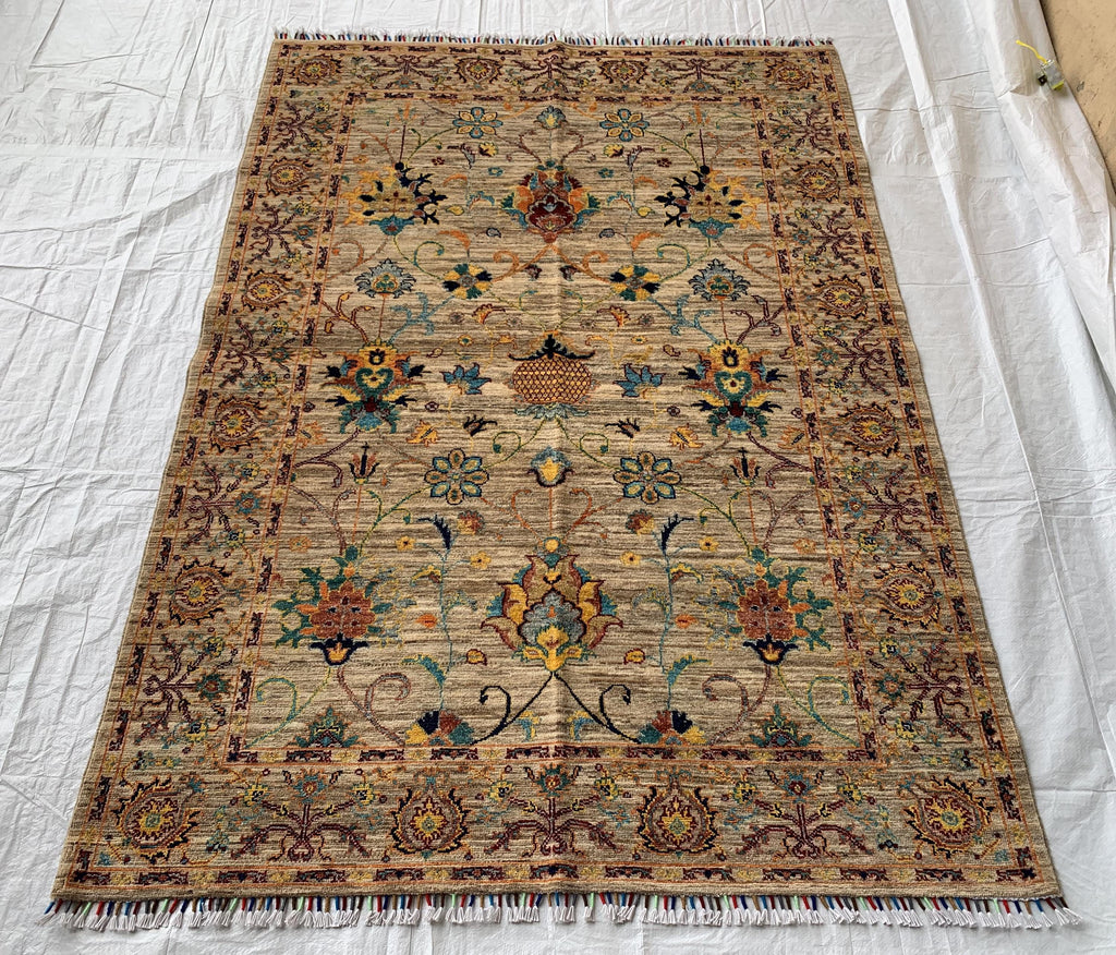 5x7 Hand-Knotted Chobi Rug Beige & Multicolor Wool Carpet, Traditional Floral Design, Rug for Living Room, Dining room Modern Rug 6.6x4.9 ft