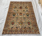 5x7 Hand-Knotted Chobi Rug Beige & Multicolor Wool Carpet, Traditional Floral Design, Rug for Living Room, Dining room Modern Rug 6.6x4.9 ft
