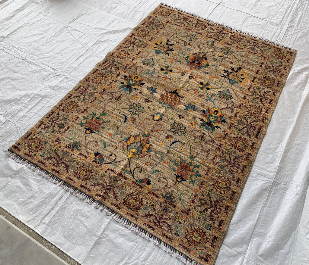 5x7 Hand-Knotted Chobi Rug Beige & Multicolor Wool Carpet, Traditional Floral Design, Rug for Living Room, Dining room Modern Rug 6.6x4.9 ft