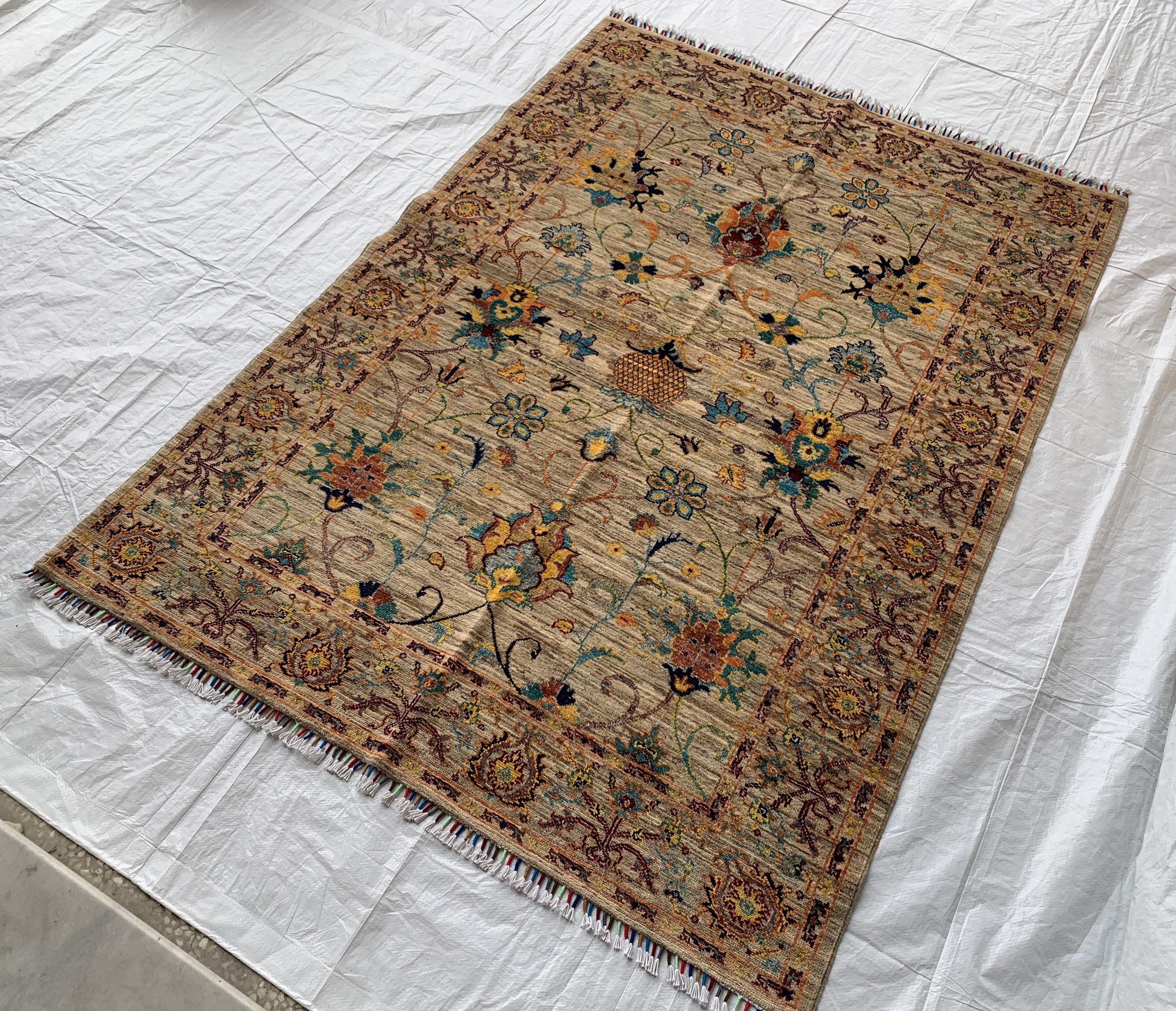 5x7 Hand-Knotted Chobi Rug Beige & Multicolor Wool Carpet, Traditional Floral Design, Rug for Living Room, Dining room Modern Rug 6.6x4.9 ft