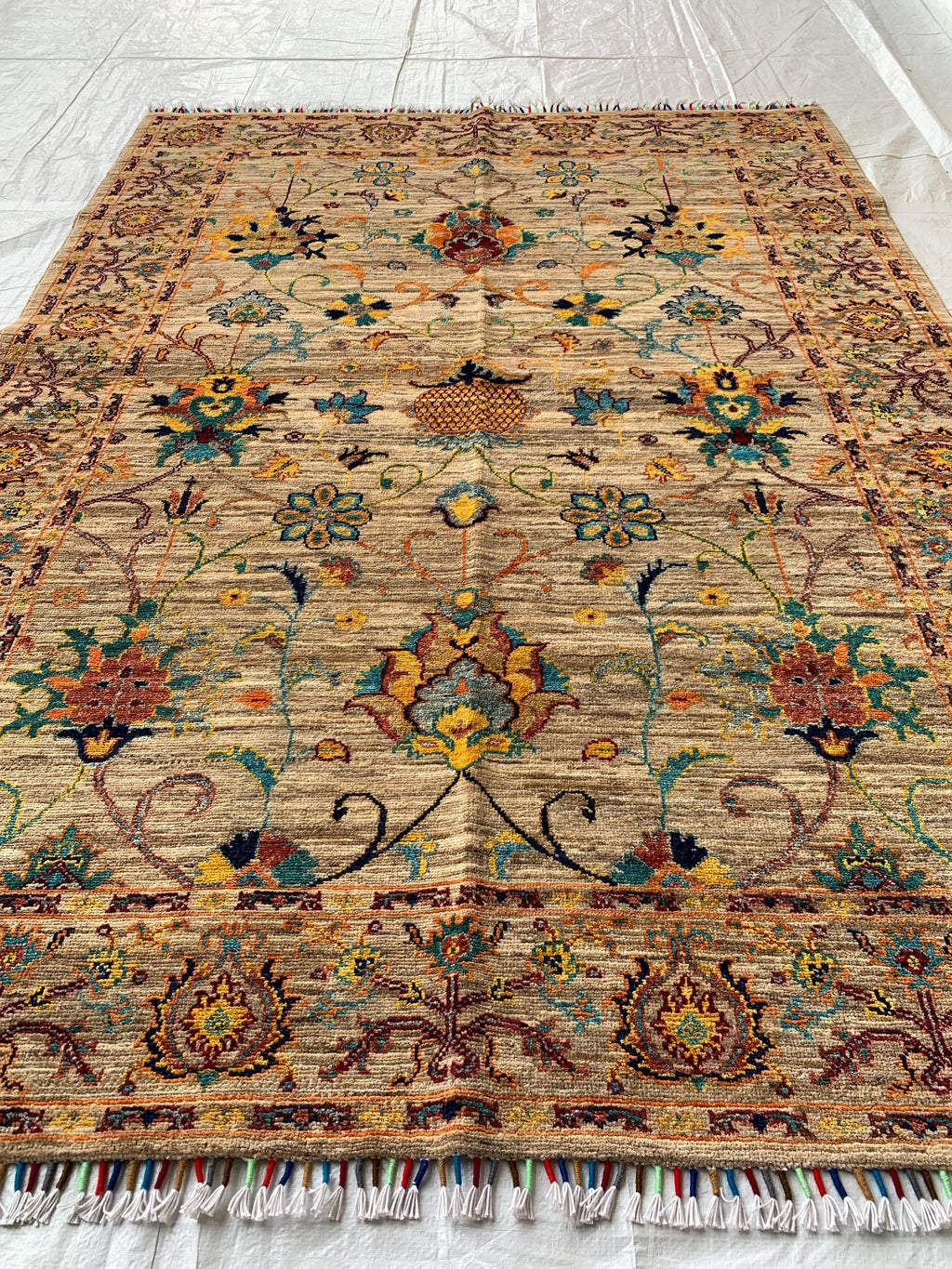 5x7 Hand-Knotted Chobi Rug Beige & Multicolor Wool Carpet, Traditional Floral Design, Rug for Living Room, Dining room Modern Rug 6.6x4.9 ft