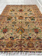5x7 Hand-Knotted Chobi Rug Beige & Multicolor Wool Carpet, Traditional Floral Design, Rug for Living Room, Dining room Modern Rug 6.6x4.9 ft