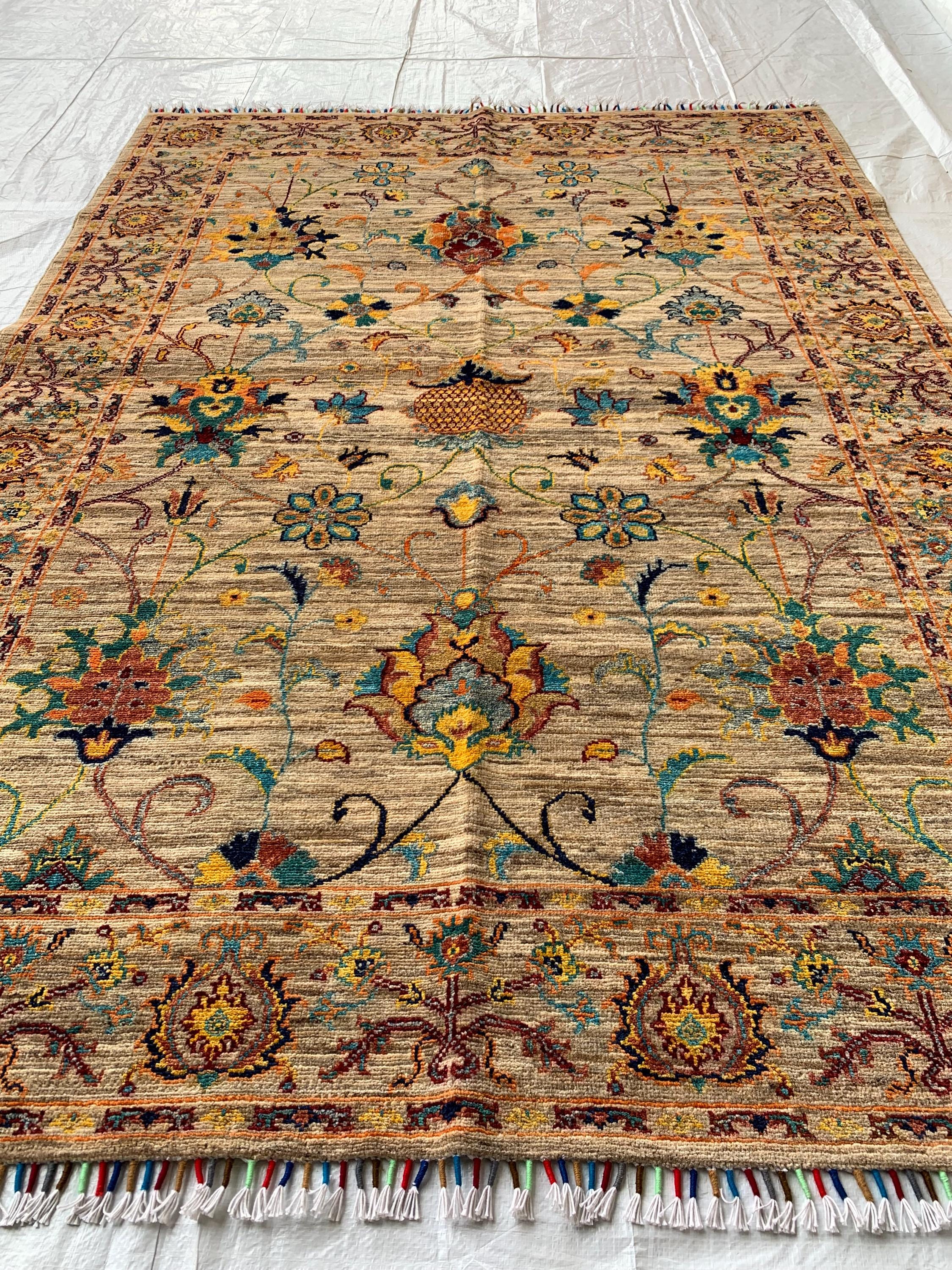 5x7 Hand-Knotted Chobi Rug Beige & Multicolor Wool Carpet, Traditional Floral Design, Rug for Living Room, Dining room Modern Rug 6.6x4.9 ft