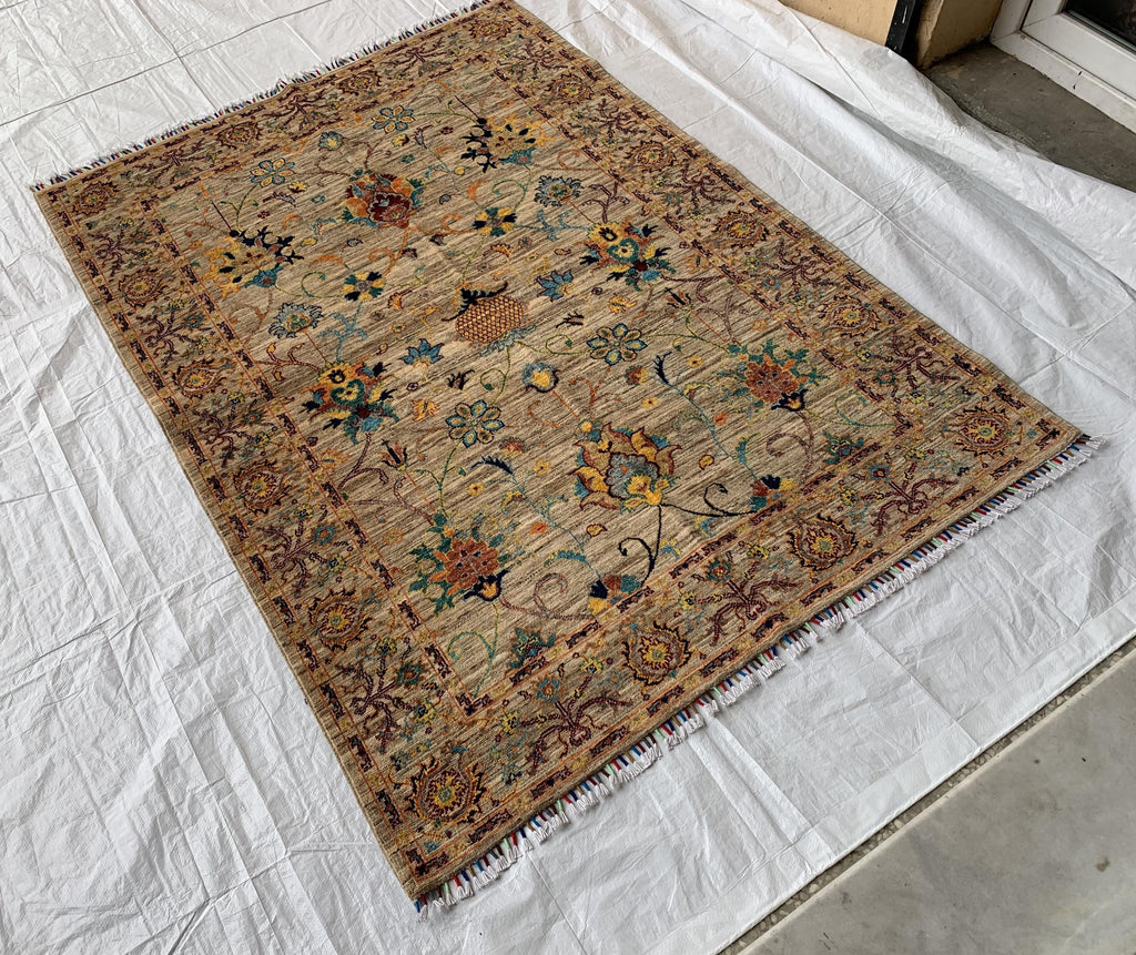 5x7 Hand-Knotted Chobi Rug Beige & Multicolor Wool Carpet, Traditional Floral Design, Rug for Living Room, Dining room Modern Rug 6.6x4.9 ft