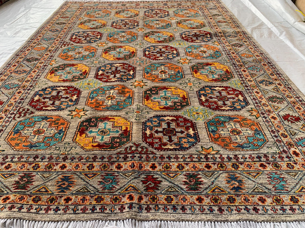6x8 Hand-Knotted Chobi Rug – Beige & Multicolor Wool Carpet, Traditional Floral Design, Rug for living room, Bedroom Modern Rug 7.10x5.7 ft