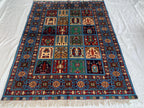 5x7 Navy Blue Hand-Knotted Ayni Rug – Afghan Tribal Multicolor Wool Carpet, Traditional Floral Design, Rug for Living Room, 6.6x4.9 ft