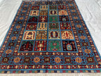 5x7 Navy Blue Hand-Knotted Ayni Rug – Afghan Tribal Multicolor Wool Carpet, Traditional Floral Design, Rug for Living Room, 6.6x4.9 ft