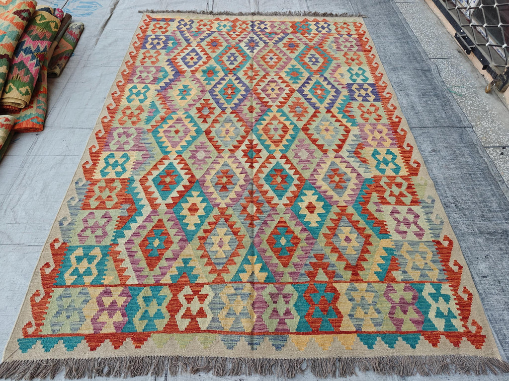 9.7x6.7 Kilim Tribal Afghan Handmade Rug, Colorful Kilim, Rugs For Living Room, Bedroom Rug, Farmhouse Rug, One of Kind Rug