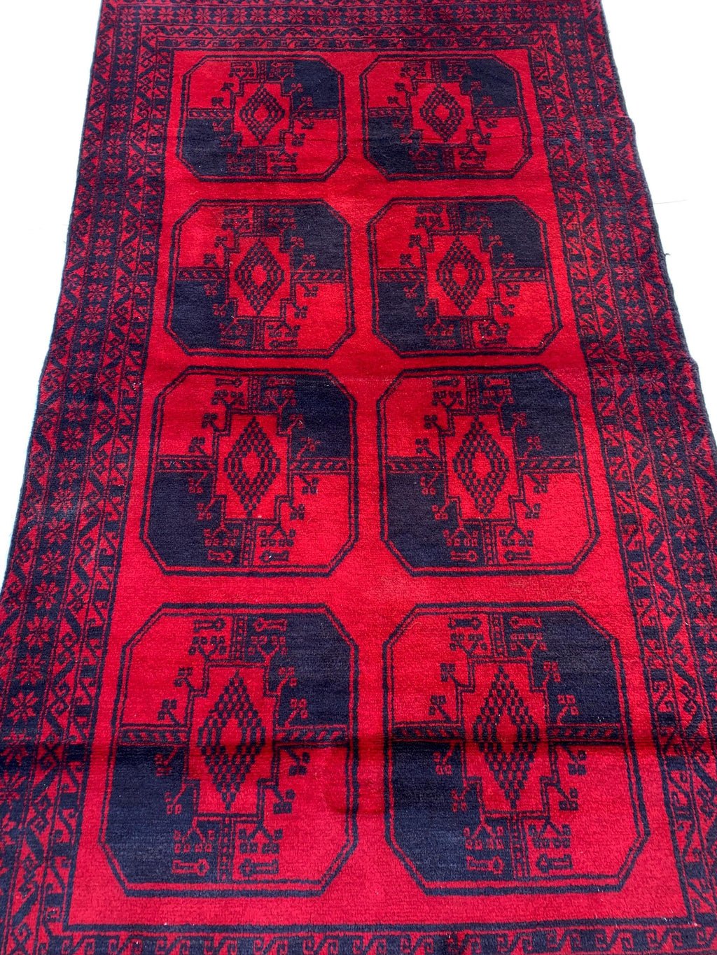 3x7ft, 60-Year-Old Afghan Elephant Foot Rug Hand-Knotted Wool Tribal Carpet Red & Navy Blue Vintage Rug Rug For Living Room, Hallway
