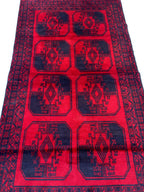 3x7ft, 60-Year-Old Afghan Elephant Foot Rug Hand-Knotted Wool Tribal Carpet Red & Navy Blue Vintage Rug Rug For Living Room, Hallway