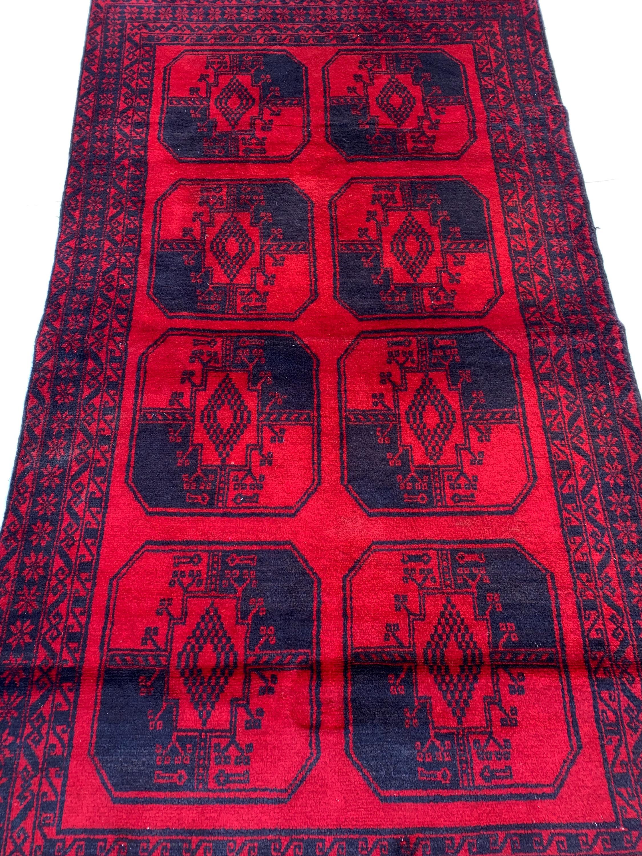 3x7ft, 60-Year-Old Afghan Elephant Foot Rug Hand-Knotted Wool Tribal Carpet Red & Navy Blue Vintage Rug Rug For Living Room, Hallway
