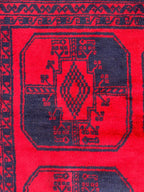 3x7ft, 60-Year-Old Afghan Elephant Foot Rug Hand-Knotted Wool Tribal Carpet Red & Navy Blue Vintage Rug Rug For Living Room, Hallway