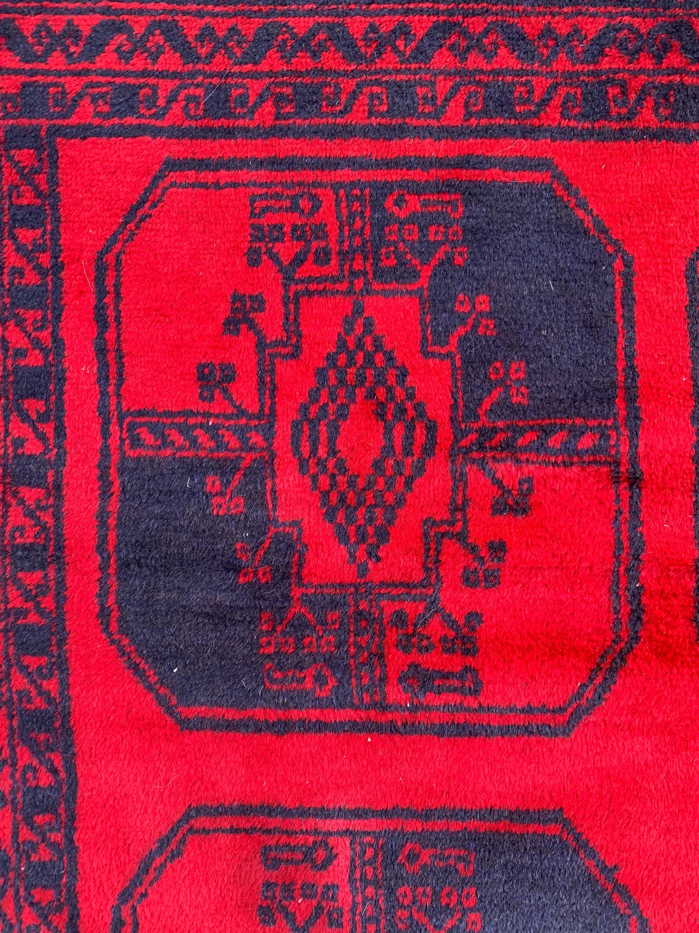 3x7ft, 60-Year-Old Afghan Elephant Foot Rug Hand-Knotted Wool Tribal Carpet Red & Navy Blue Vintage Rug Rug For Living Room, Hallway