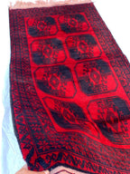 3x7ft, 60-Year-Old Afghan Elephant Foot Rug Hand-Knotted Wool Tribal Carpet Red & Navy Blue Vintage Rug Rug For Living Room, Hallway