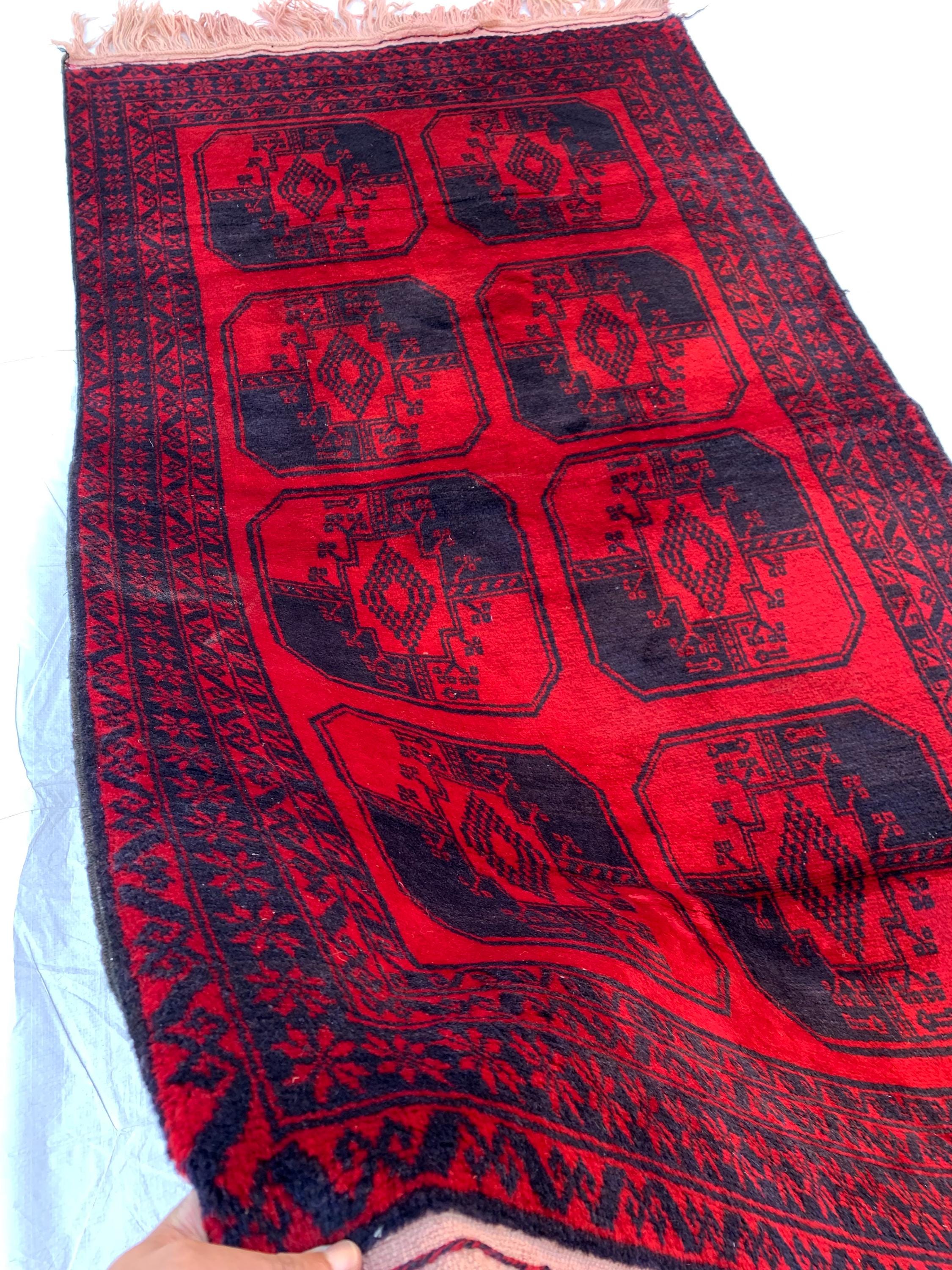 3x7ft, 60-Year-Old Afghan Elephant Foot Rug Hand-Knotted Wool Tribal Carpet Red & Navy Blue Vintage Rug Rug For Living Room, Hallway