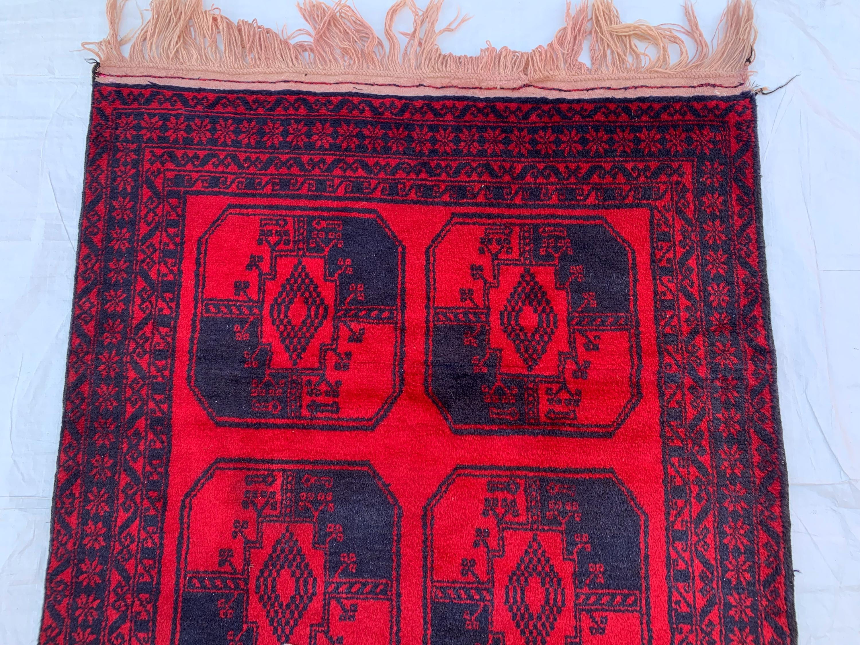 3x7ft, 60-Year-Old Afghan Elephant Foot Rug Hand-Knotted Wool Tribal Carpet Red & Navy Blue Vintage Rug Rug For Living Room, Hallway