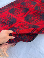 3x7ft, 60-Year-Old Afghan Elephant Foot Rug Hand-Knotted Wool Tribal Carpet Red & Navy Blue Vintage Rug Rug For Living Room, Hallway