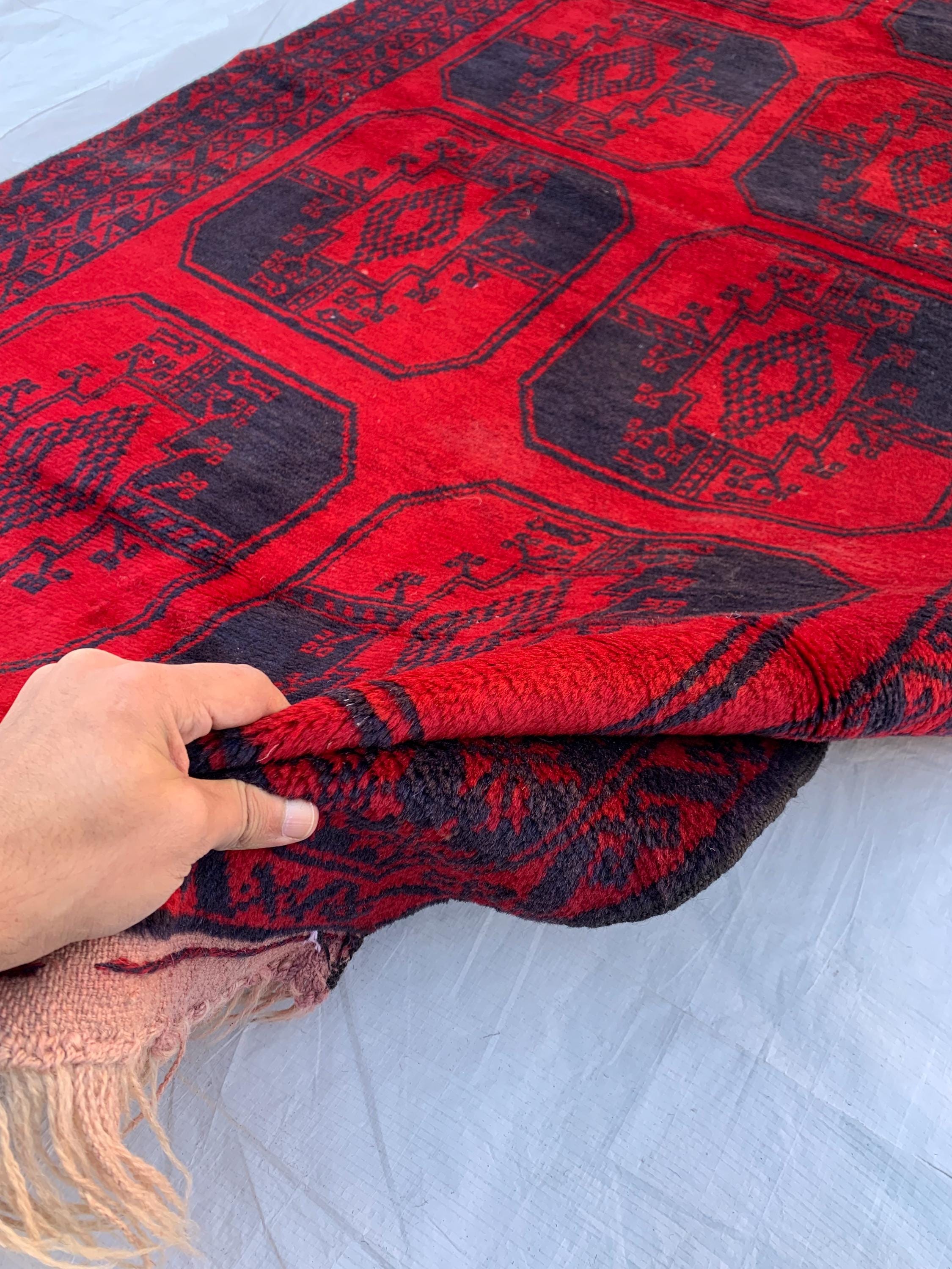 3x7ft, 60-Year-Old Afghan Elephant Foot Rug Hand-Knotted Wool Tribal Carpet Red & Navy Blue Vintage Rug Rug For Living Room, Hallway