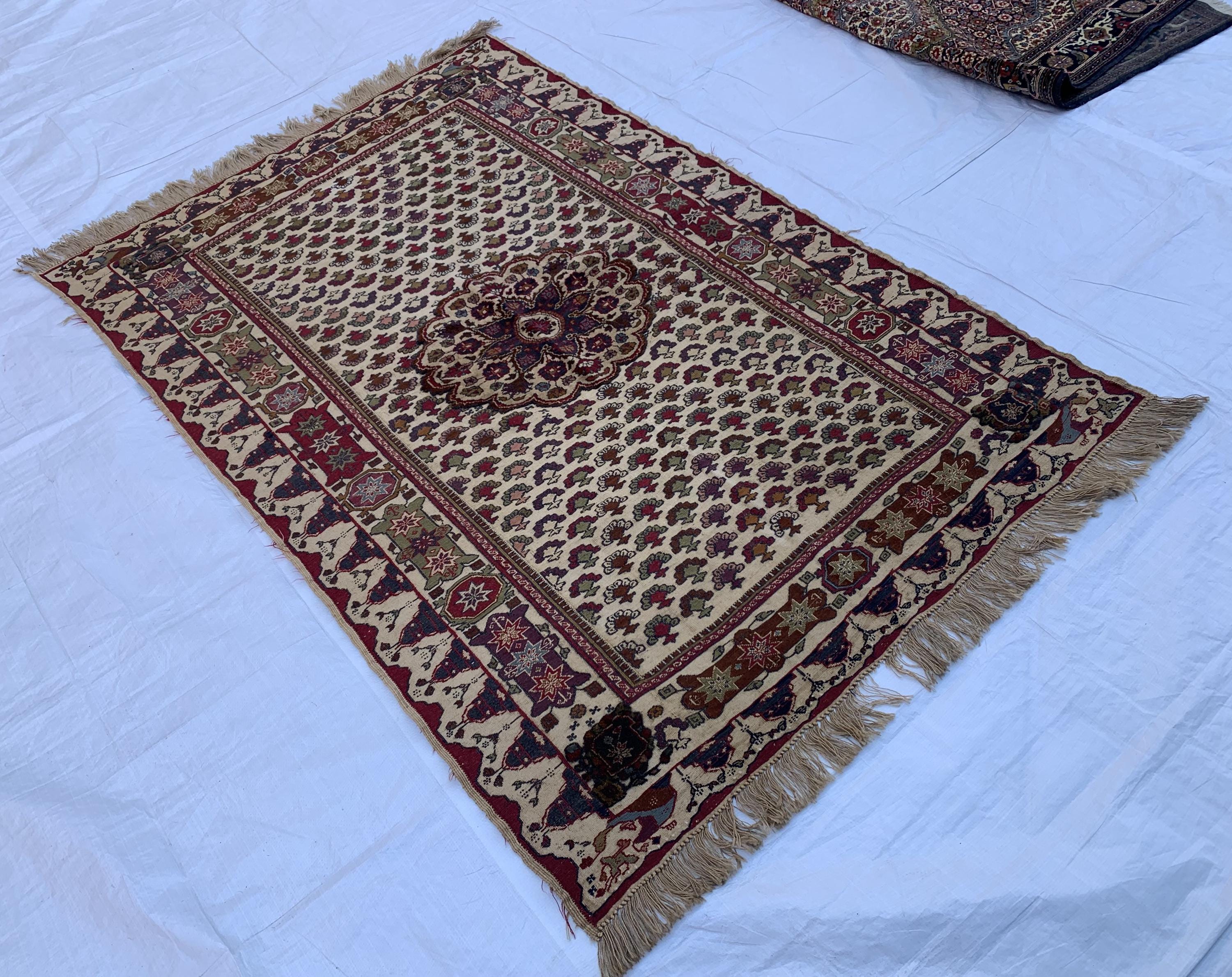 2x6 Rare Herati Rug | Hand-Knotted Wool Afghan Carpet | Vintage Tribal Rug With Floral and Geometric Pattern, Beige Oriental Rug 6.1x4.2 ft