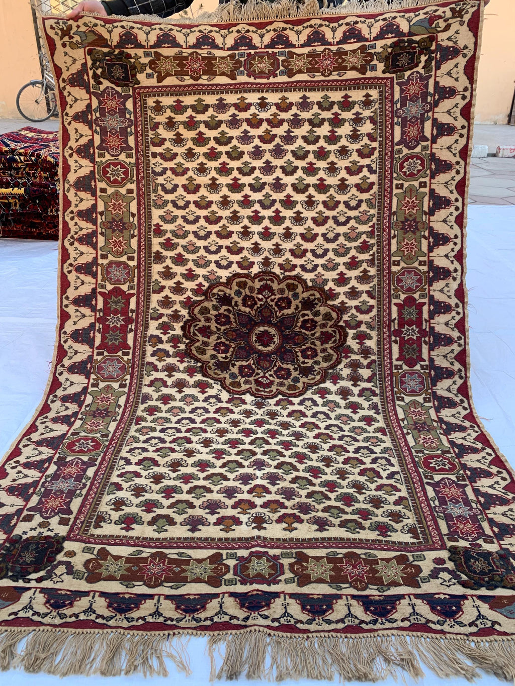 2x6 Rare Herati Rug | Hand-Knotted Wool Afghan Carpet | Vintage Tribal Rug With Floral and Geometric Pattern, Beige Oriental Rug 6.1x4.2 ft